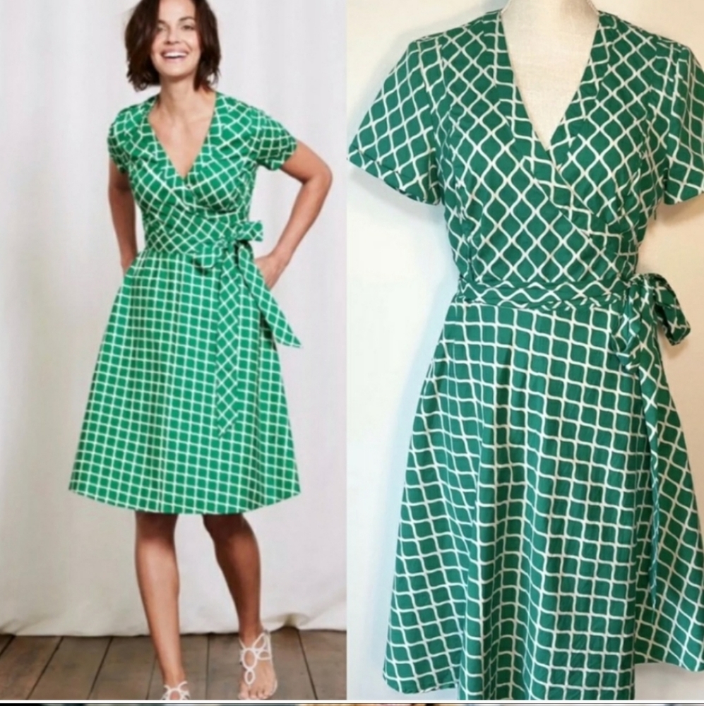 Boden Lara Green White Print Wrap Dress Size 6 Regular